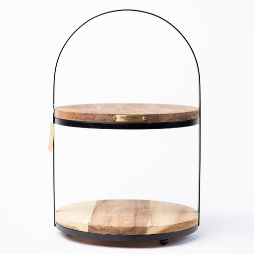 Picture of Black Two Tier Natural Wood Serving Stand