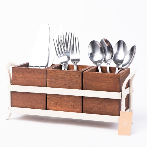 Picture of Creamy Metal Caddy With Dark Wood